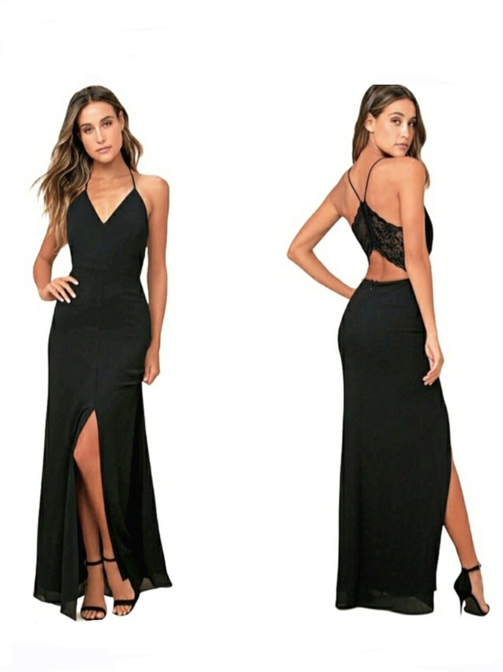 LULU's Maxi Dress Story of a Starry Night Lace Backless Front Slit MEDIUM Black